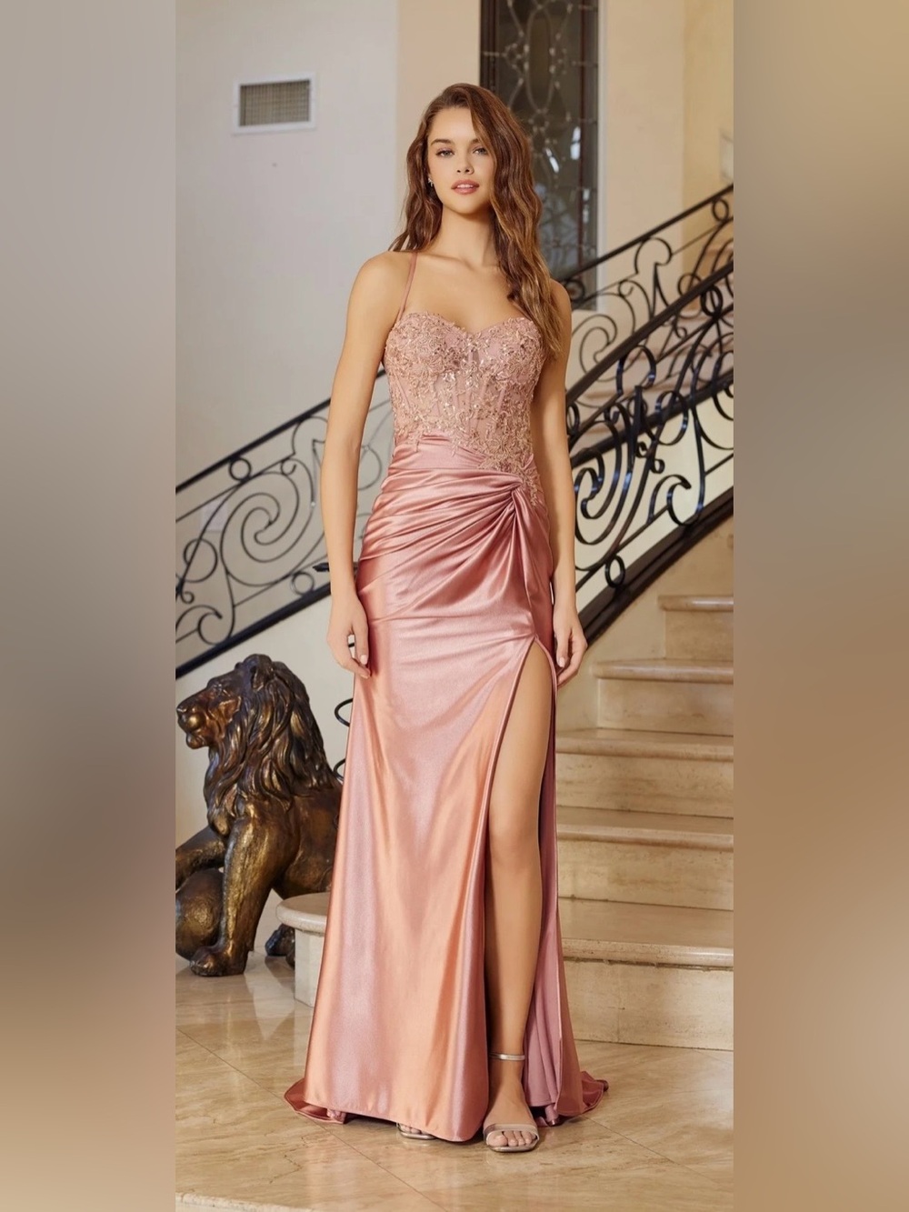 NWT Blush Pink Satin Lace Corset Prom Gown Size 10 Adjustable Lace-Up Back